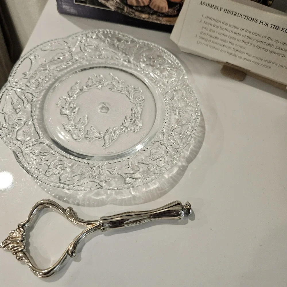 Vintage Crystal Center Piece With Silver Plated Handle Kingston Decor Plate Dish